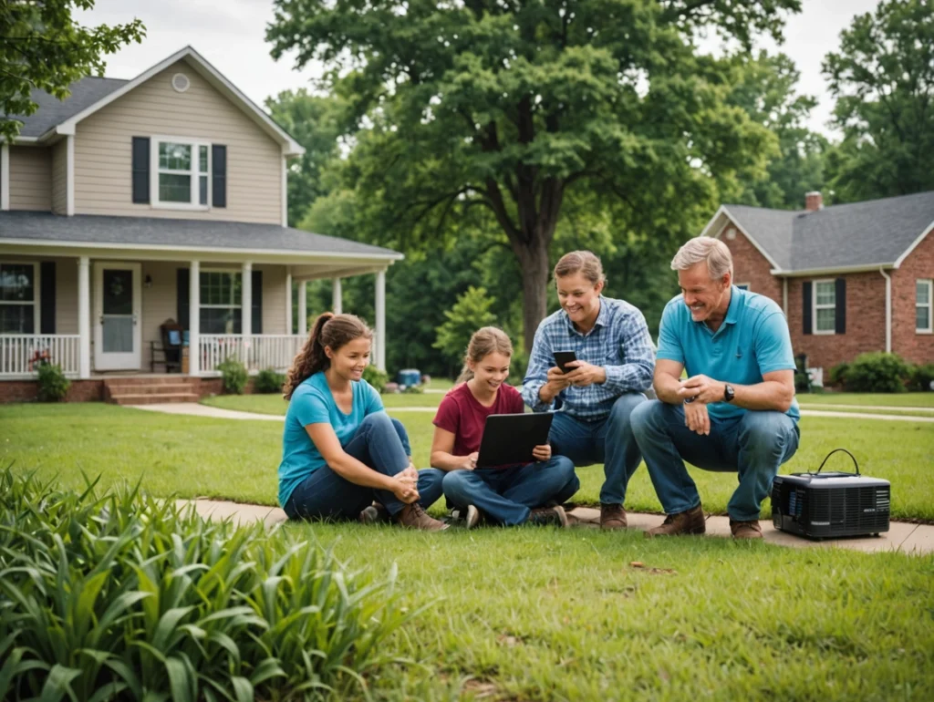 A family of four sits on the grass in front of suburban homes in Stamps, Arkansas, using a laptop and a tablet. With Premier Broadband’s Fiber-to-the-Home service, all ages enjoy seamless connectivity during their shared outdoor activities.
