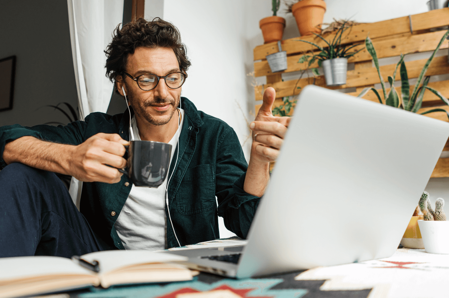 Man Driving Coffee and on a PC
