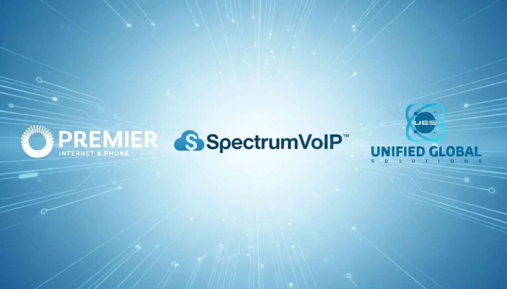 Logos for Premier Internet & Phone, SpectrumVoIP, and Unified Global Solutions appear on a blue, tech-inspired background with circuit-like lines radiating outward.