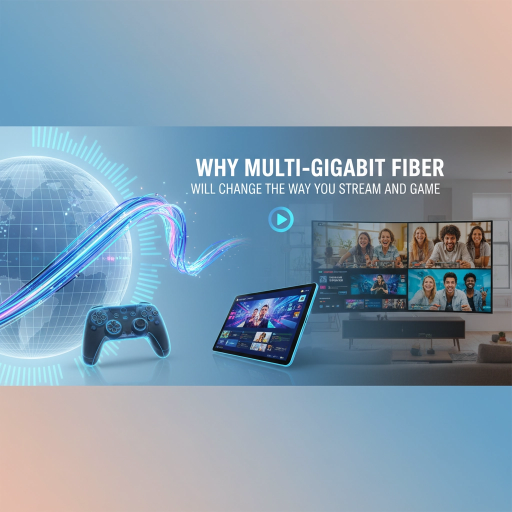 A globe with fiber optic strands connects to a game controller and tablet, next to streaming and gaming screens. Text reads: WHY MULTI-GIGABIT FIBER WILL CHANGE THE WAY YOU STREAM AND GAME.