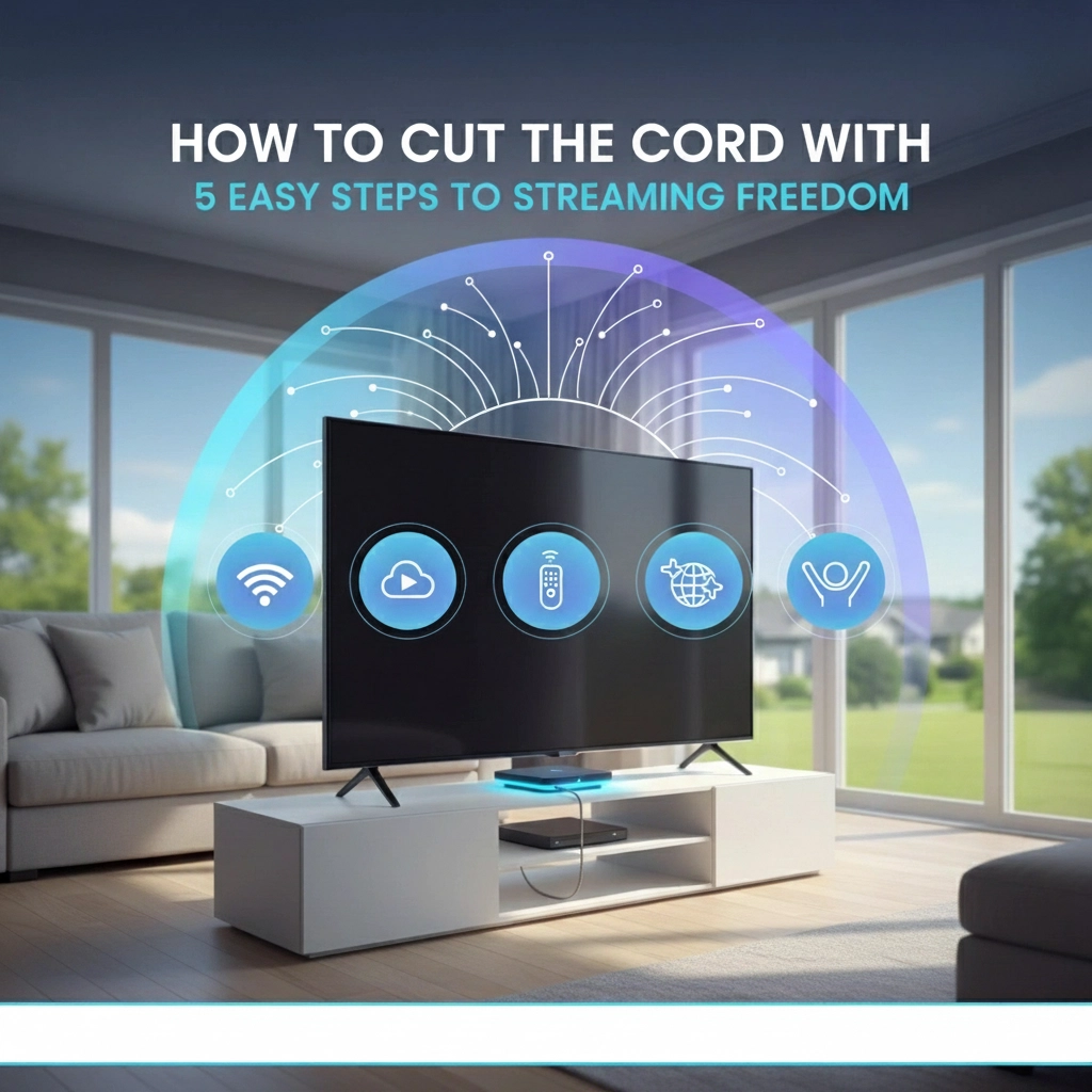 A modern living room with a flat-screen TV displaying icons for Wi-Fi, cloud, remote control, internet, and entertainment, illustrating How to Cut the Cord with 5 Easy Steps to Streaming Freedom.