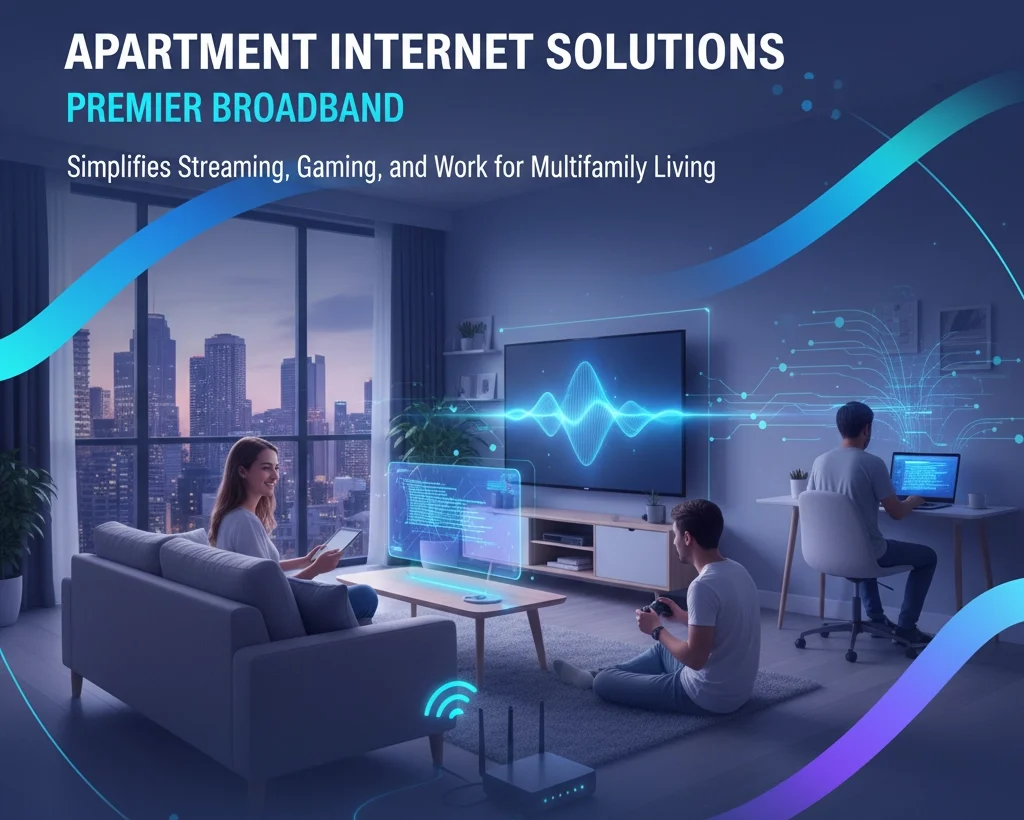 A modern apartment living room with two people using digital devices, large city view windows, and tech graphics highlighting high-speed internet connectivity, promoting apartment internet solutions for streaming, gaming, and work.