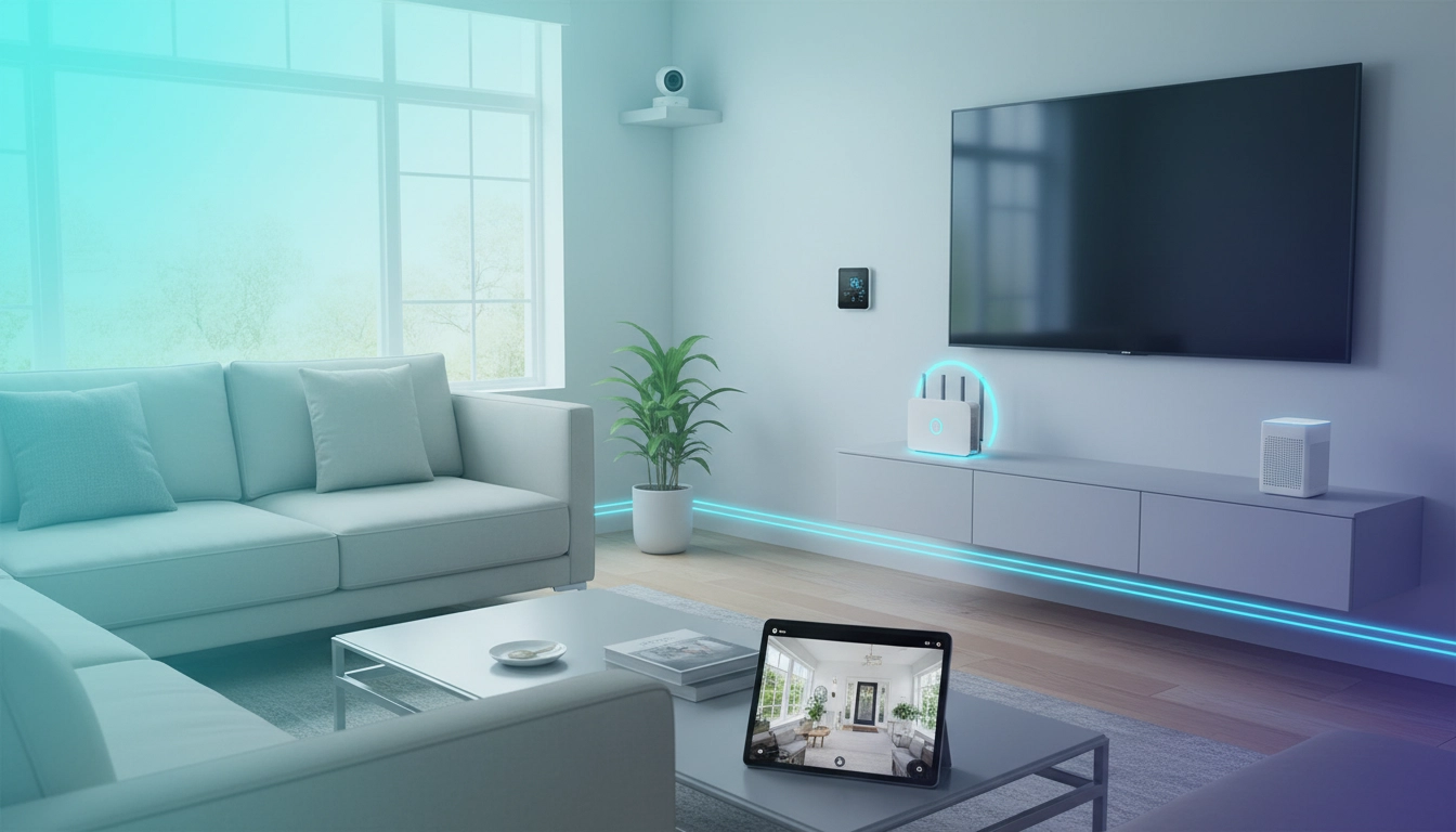 A modern living room with a large TV, sleek white furniture, a potted plant, a smart home device on a console, and a tablet on the coffee table displaying a home security camera feed. Blue LED lighting accents the room.