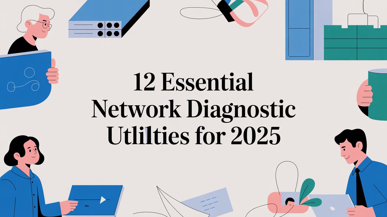 Illustration of people working with network devices and tools, surrounding the text 12 Essential Network Diagnostic Utilities for 2025 on a light background.