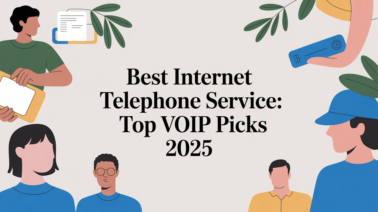 Illustration of diverse people holding tech devices and documents, with leaves in the corners. Center text reads: “Best Internet Telephone Service: Top VOIP Picks 2025.”.