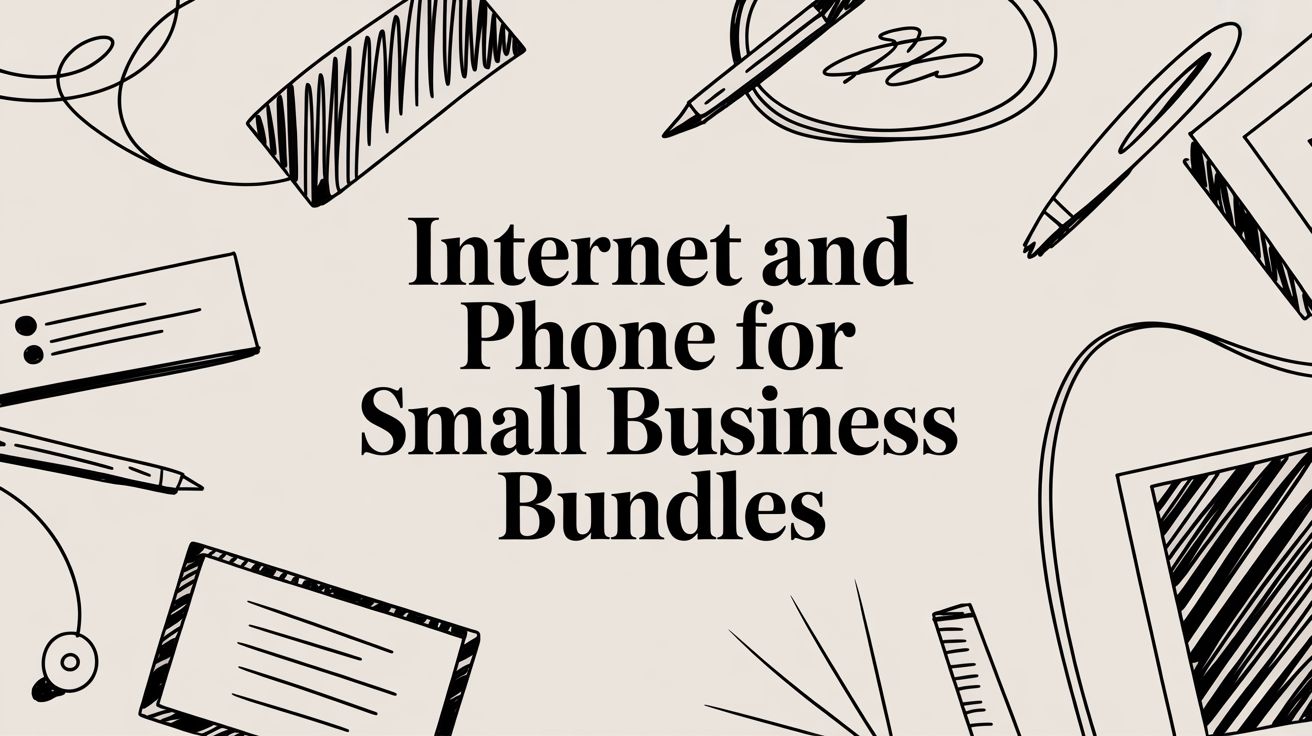 Text says Internet and Phone for Small Business Bundles in bold letters, surrounded by black and white sketches of office supplies like a pen, ruler, paper, notebook, and clipboard on a light background.