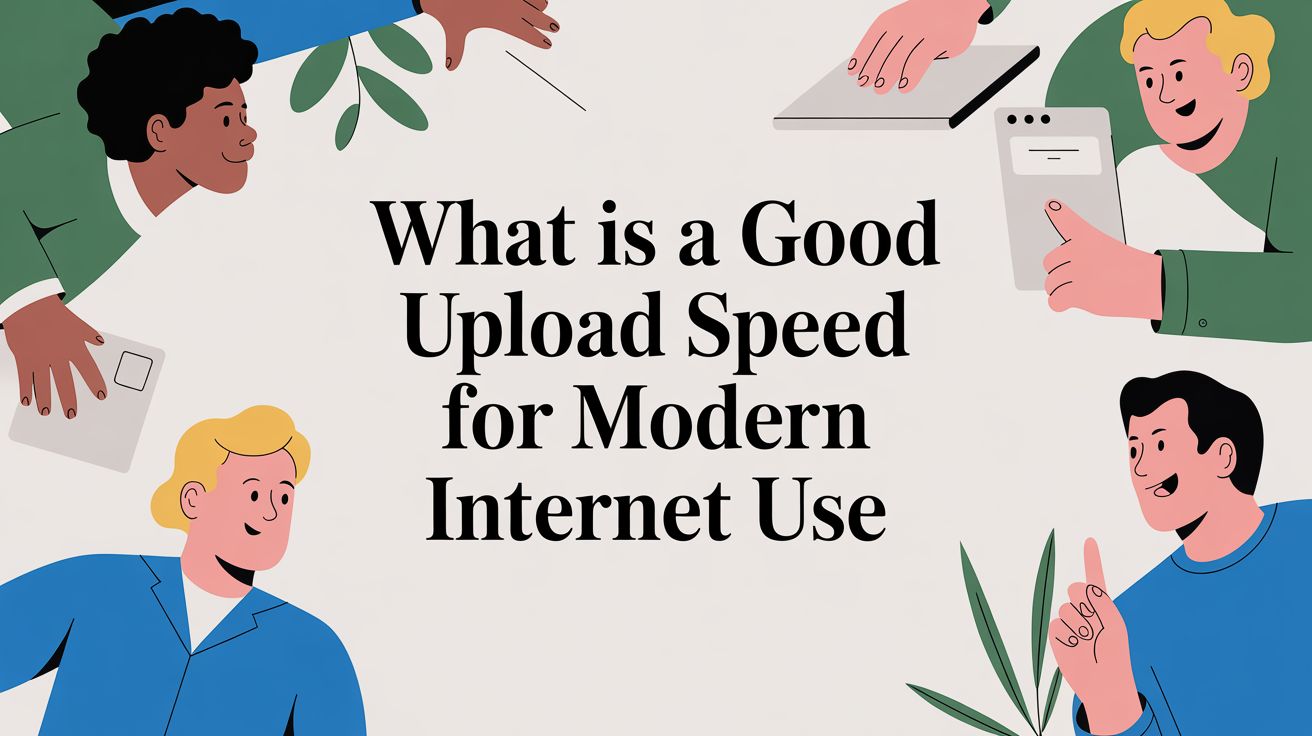 Illustration of five people holding devices and discussing, surrounding the text: What is a Good Upload Speed for Modern Internet Use.