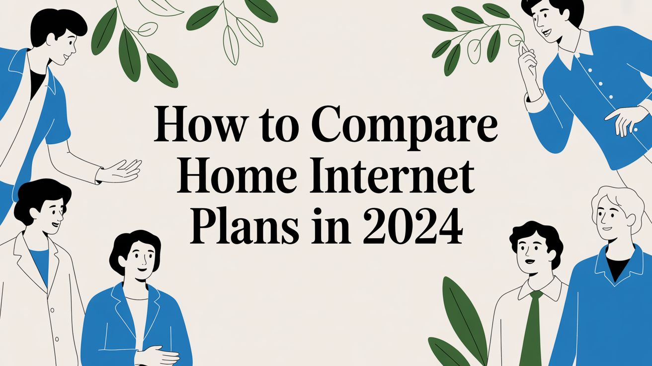 Illustration of four people in blue and white clothing surrounding large text that reads “How to Compare Home Internet Plans in 2024,” with green leaves as decoration on a light background.