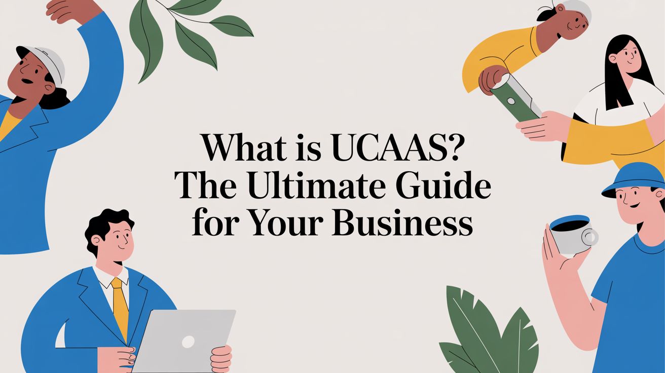 Illustration with four people holding a laptop, coffee, and a phone, surrounded by green leaves, and the text: What is UCAAS? The Ultimate Guide for Your Business in the center.
