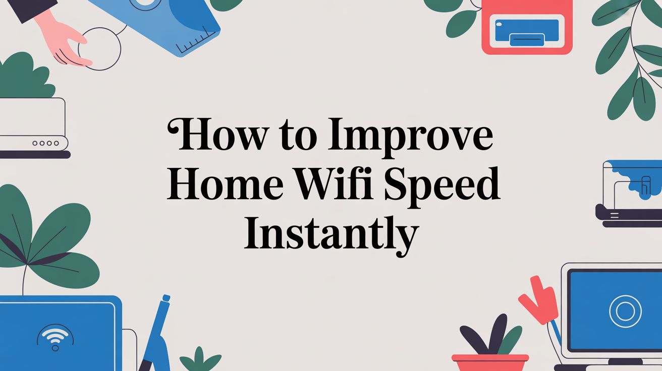 Text that reads How to Improve Home Wifi Speed Instantly is centered on a light background, surrounded by illustrated tech devices, WiFi symbols, and plants in the corners.