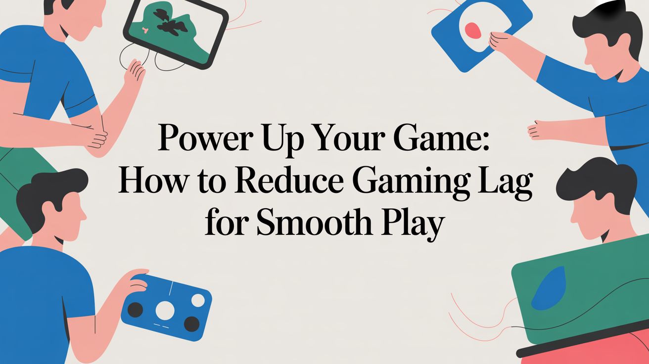 Four animated people playing video games on different devices surround the text, Power Up Your Game: How to Reduce Gaming Lag for Smooth Play, on a light background.