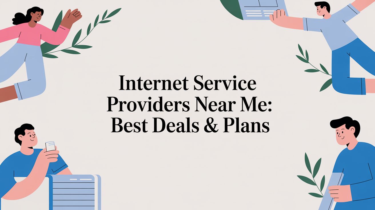 Illustrated people holding electronics and leaves frame the text Internet Service Providers Near Me: Best Deals & Plans on a light background.