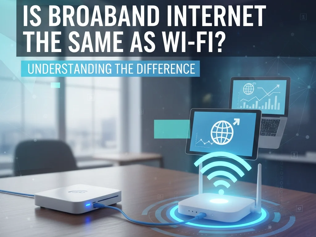 A modem and a Wi-Fi router are connected by a blue cable, with digital icons of laptops and internet symbols. Text reads: Is broadband internet the same as Wi-Fi? Understanding the difference.