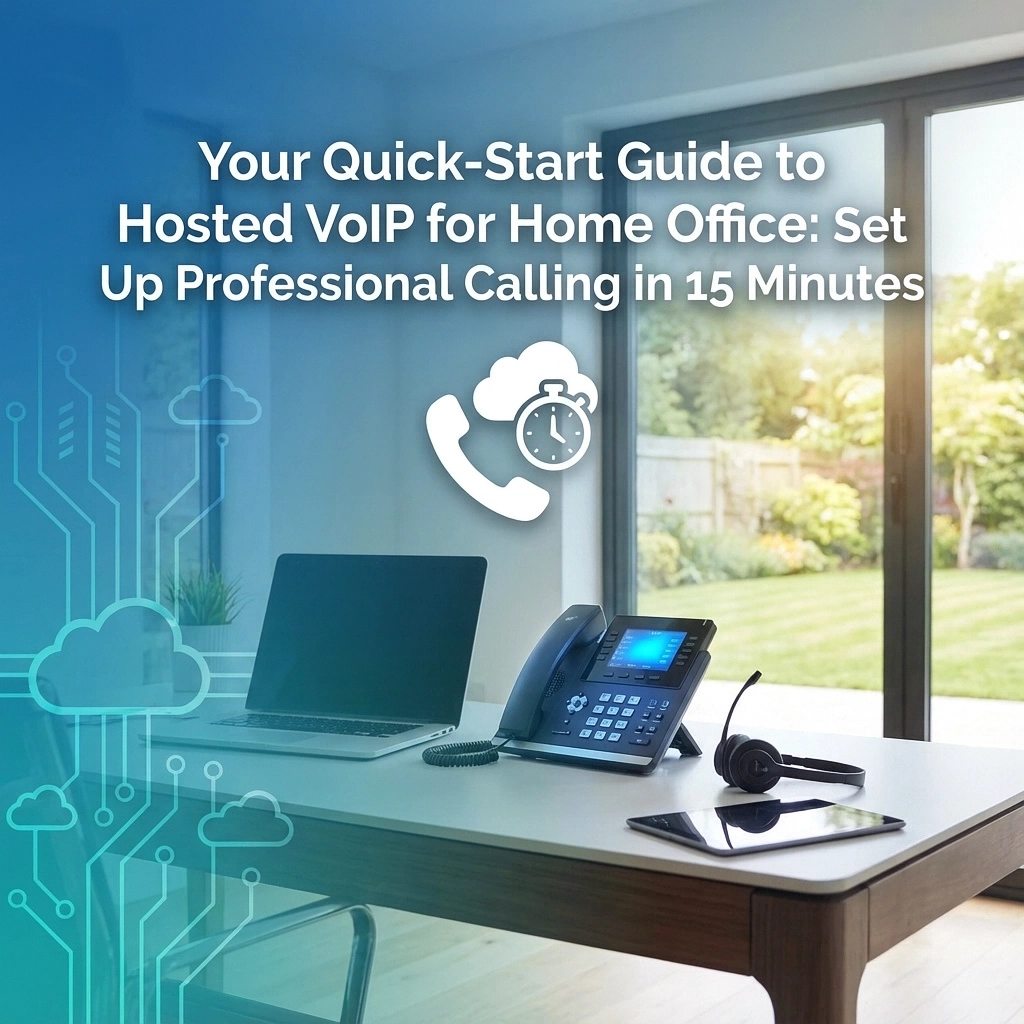 A modern home office setup with a laptop, VoIP phone, and headset on a desk near large windows. Text reads: “Your Quick-Start Guide to Hosted VoIP for Home Office: Set Up Professional Calling in 15 Minutes.”.