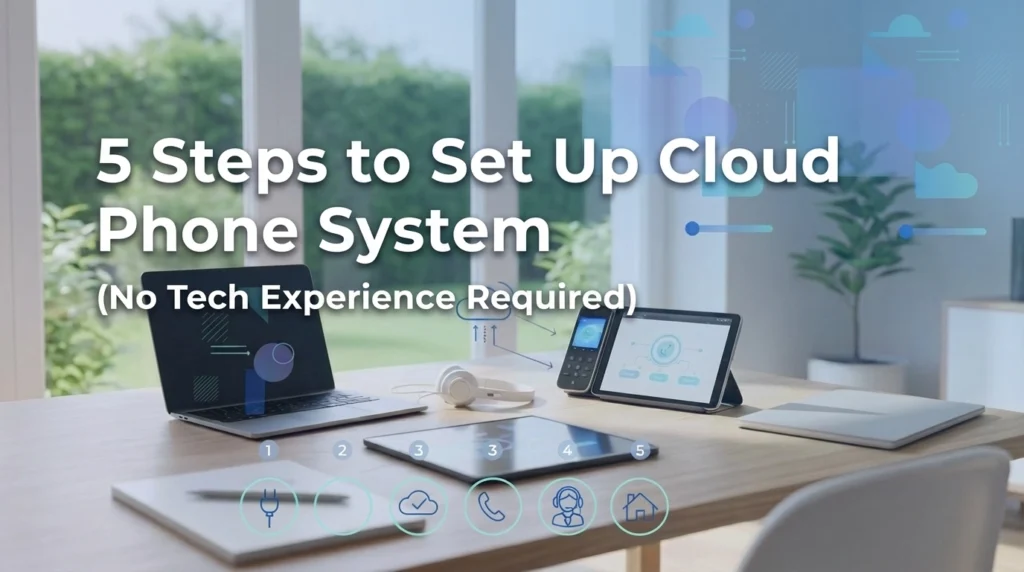 A modern workspace with a laptop, desk phone, tablet, and headset on a wooden table, with text overlay: 5 Steps to Set Up Cloud Phone System (No Tech Experience Required). Icons for phone features are shown at the bottom.