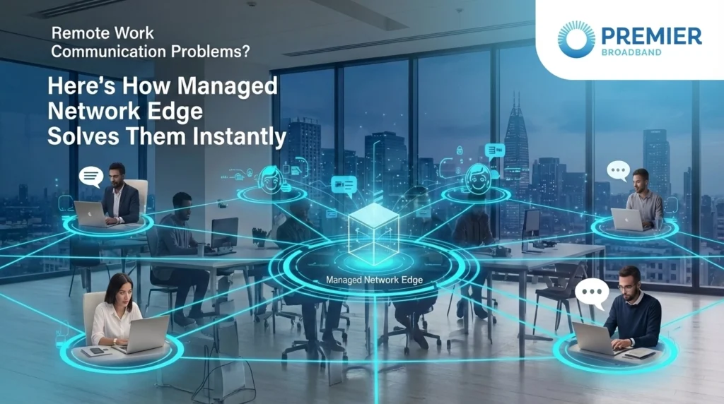 Office workers at desks, separated but digitally connected by network lines to a central server icon, with city skyline view; text promotes managed network edge solutions for remote work by Premier Broadband.