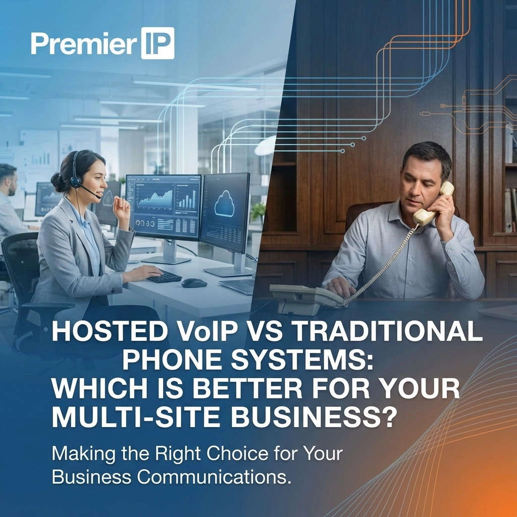 Two business professionals are on phones in different workplaces. One uses a computer with VoIP software, the other uses a traditional desk phone. Text discusses VoIP vs traditional phone systems for multi-site businesses.