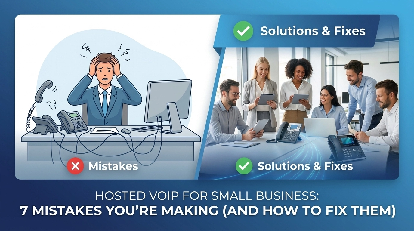 Illustration split in two: left shows a stressed man surrounded by phones and a red Mistakes label; right shows a smiling group working together with phones and a green Solutions & Fixes label. Text: VoIP mistakes and solutions.