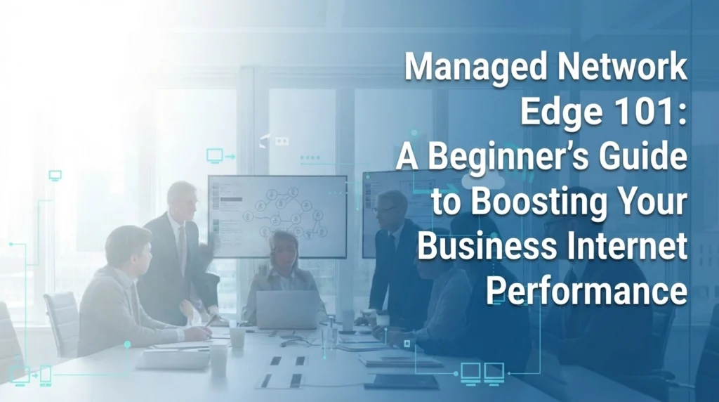 A business meeting with people around a conference table, a presentation on a screen, and the text “Managed Network Edge 101: A Beginner’s Guide to Boosting Your Business Internet Performance.”.