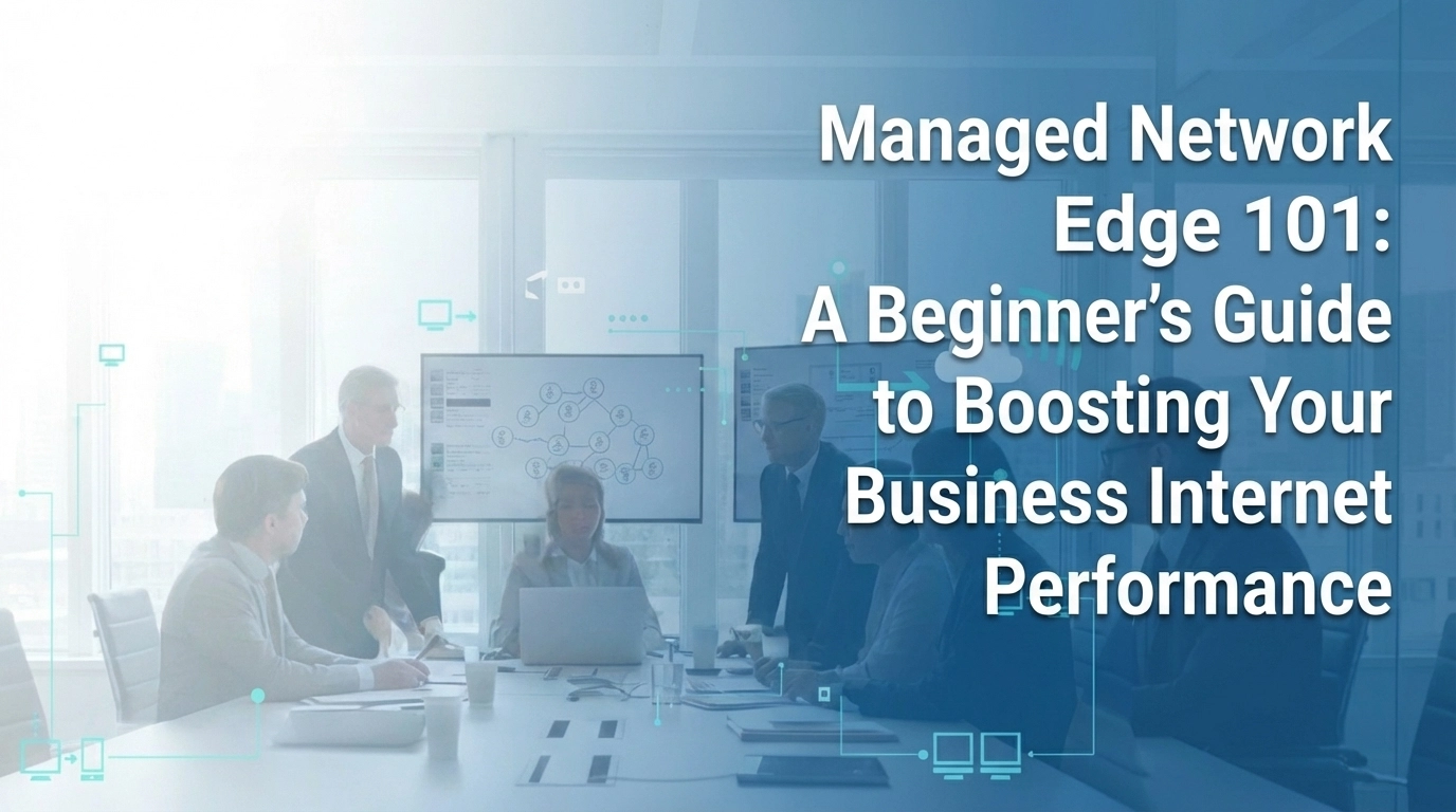 Businesspeople sit around a conference table looking at a screen with network diagrams. Text reads: Managed Network Edge 101: A Beginner’s Guide to Boosting Your Business Internet Performance.