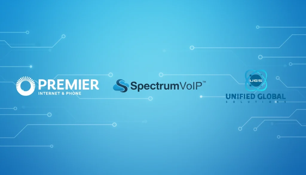 Logos of Premier Internet & Phone, SpectrumVoIP, and Unified Global Solutions are displayed side by side on a blue tech-inspired background with circuit-like lines.