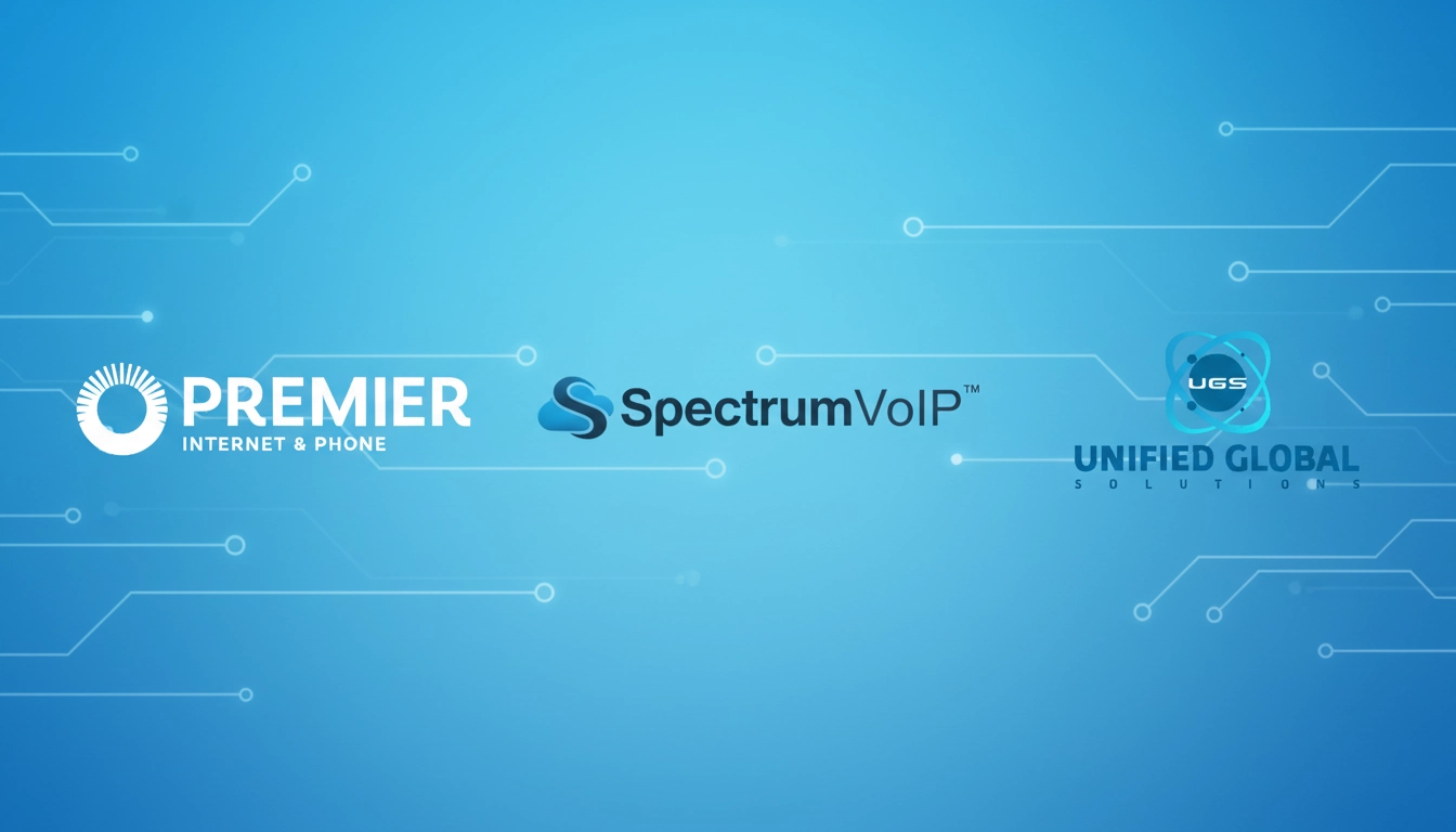 Logos of Premier Internet & Phone, SpectrumVoIP, and Unified Global Solutions are displayed side by side on a blue tech-inspired background with circuit-like lines.