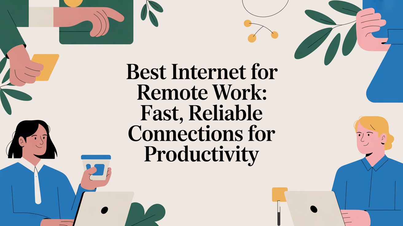 Illustration of people working on laptops and holding devices around the text: Best Internet for Remote Work: Fast, Reliable Connections for Productivity. Green leaves and yellow accents decorate the background.