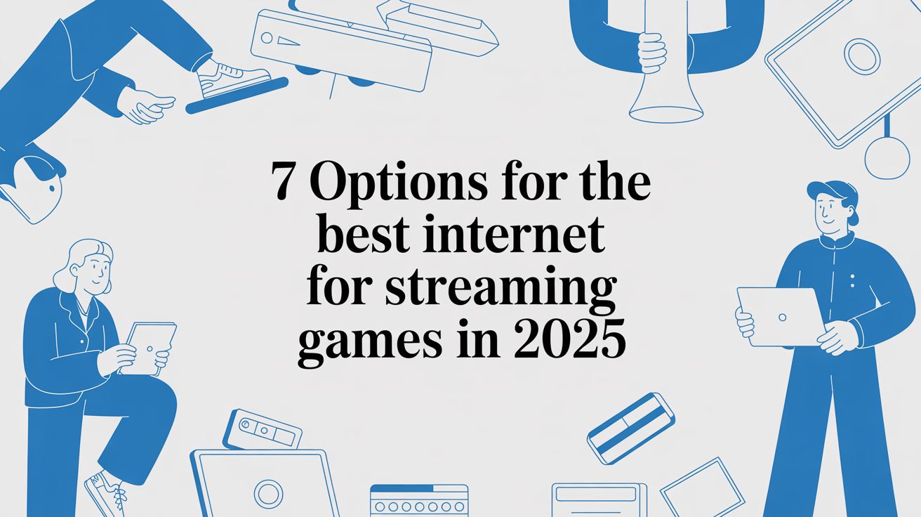 Illustration of people using electronic devices, such as tablets and laptops, around bold text reading “7 Options for the best internet for streaming games in 2025” on a light background.