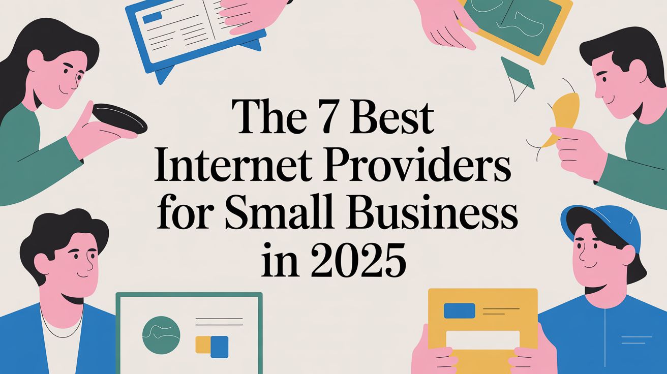 Illustration of people working with laptops, tablets, and documents, surrounding the text: The 7 Best Internet Providers for Small Business in 2025.