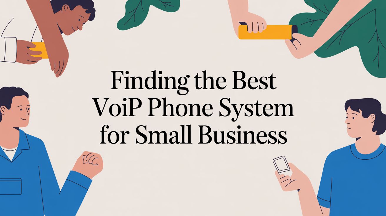 Illustration of four people using phones and gadgets, with large text in the center reading, “Finding the Best VoIP Phone System for Small Business.” Green leaves decorate the background.