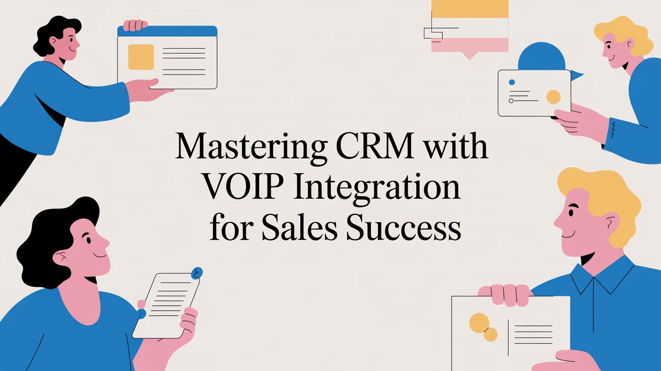 Four illustrated people exchange documents and charts around bold text that reads, Mastering CRM with VOIP Integration for Sales Success, emphasizing teamwork and business collaboration.