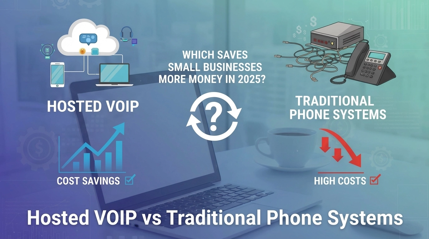 A graphic compares hosted VOIP with traditional phone systems, showing hosted VOIP with cost savings and traditional phone systems with high costs. Text asks which saves small businesses more money in 2025.