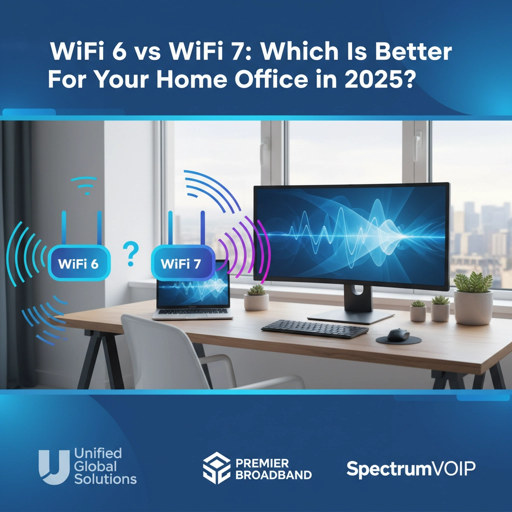 A modern home office setup with a desktop computer and a window view. Graphics display WiFi 6 and WiFi 7 symbols, questioning which is better for home offices in 2025. Three company logos are at the bottom.