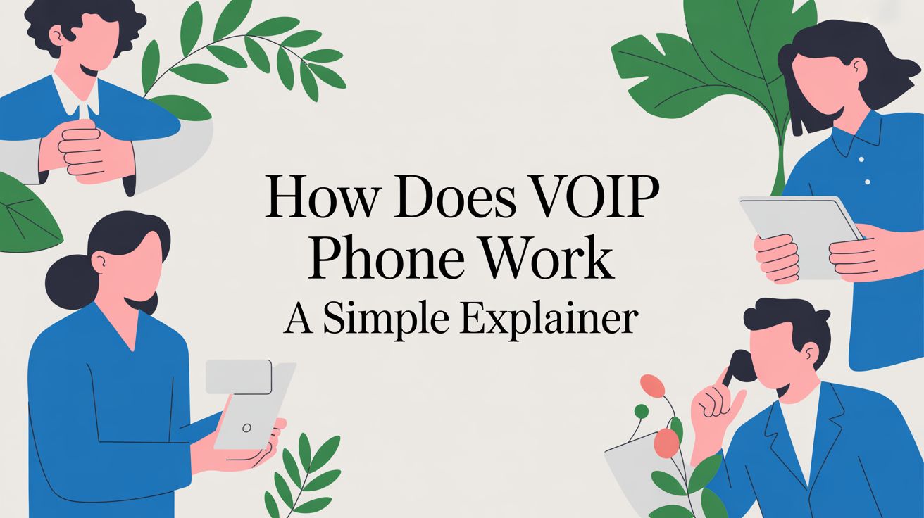 Illustration of four people using electronic devices, such as a phone, tablet, and laptop, with the text How Does VOIP Phone Work: A Simple Explainer in the center. Green leaves are in the background.