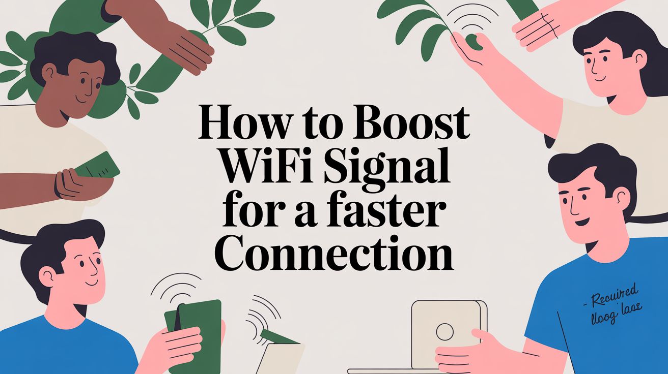 Illustration of four people holding wireless devices around the text “How to Boost WiFi Signal for a faster Connection” with plants and a person in a blue shirt pointing to a WiFi router.