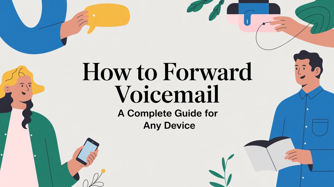 Illustration of people holding a phone, speech bubble, and book around the text “How to Forward Voicemail: A Complete Guide for Any Device” on a light background with decorative leaves.