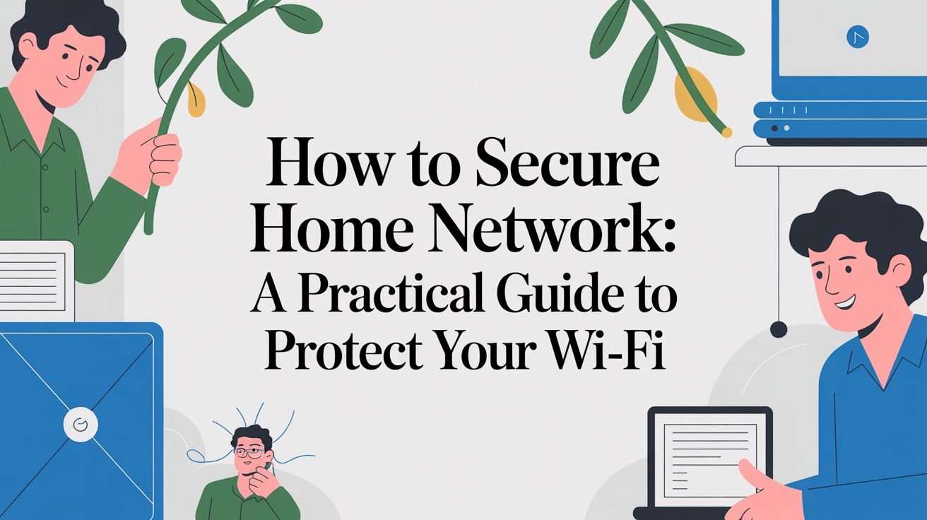 Illustrated graphic with people using laptops and devices, featuring the text: How to Secure Home Network: A Practical Guide to Protect Your Wi-Fi.