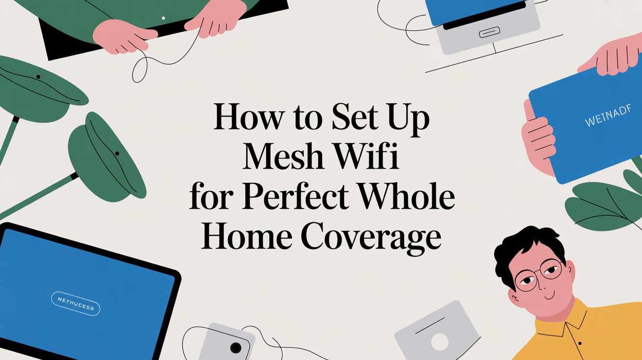 Four illustrated people with laptops and tablets surround the text How to Set Up Mesh Wifi for Perfect Whole Home Coverage on a light background with green plants.