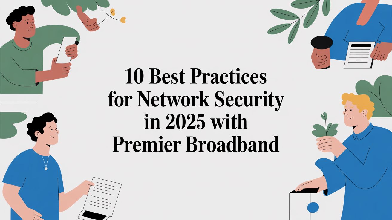 Illustration of four people holding papers, coffee, and plants around text that reads: “10 Best Practices for Network Security in 2025 with Premier Broadband.” The background is light with abstract leaves.