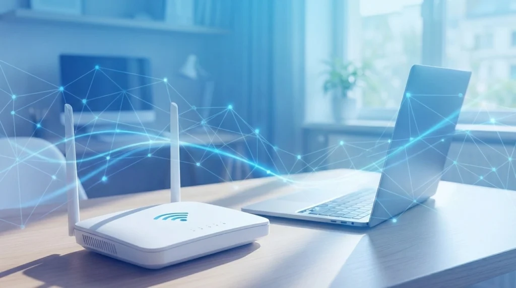 A Wi-Fi router and an open laptop sit on a desk, with blue digital lines and nodes symbolizing a wireless internet connection in a bright, modern room.