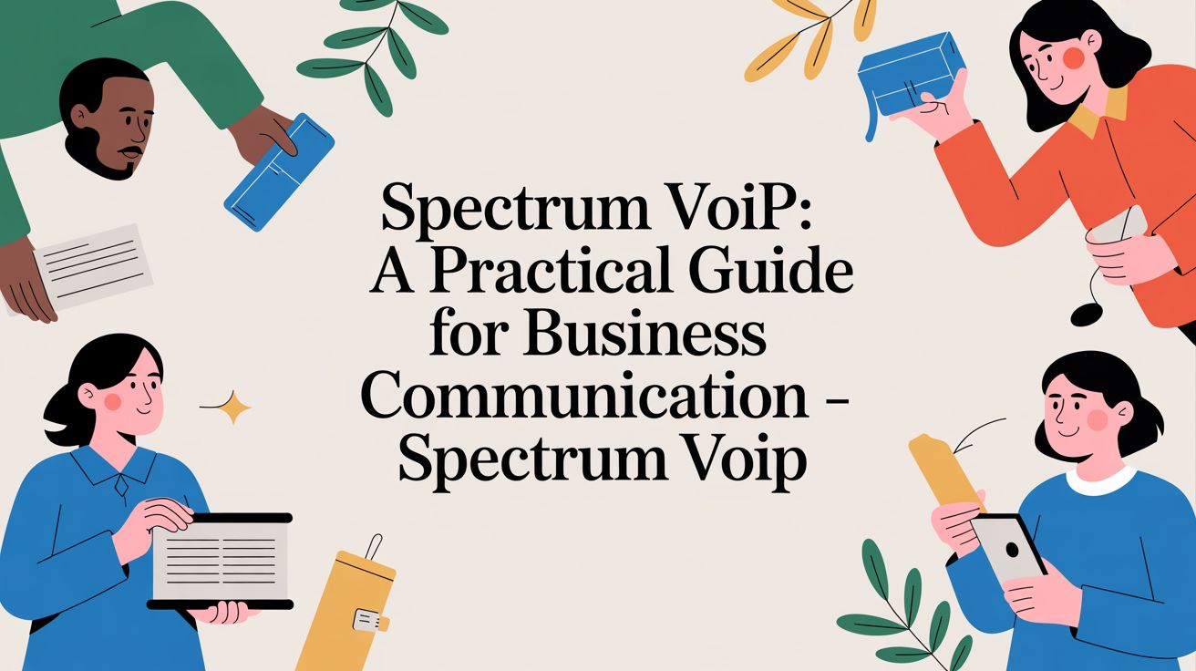 Four illustrated people hold office supplies around the text: Spectrum VoiP: A Practical Guide for Business Communication – Spectrum Voip. The background is light with decorative leaves and coffee cups.