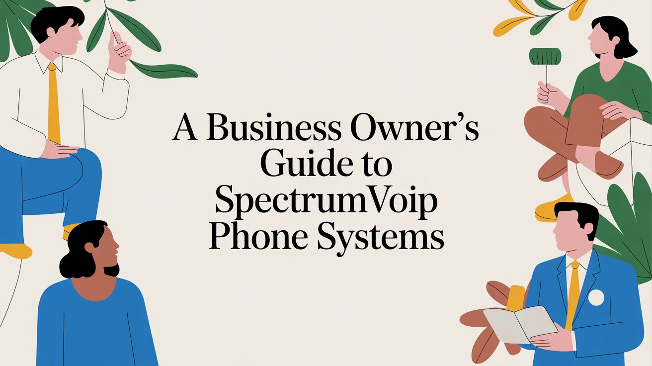 Four illustrated people sit around the edges of a beige background with green leaves, surrounding the centered text: A Business Owner’s Guide to SpectrumVoip Phone Systems.