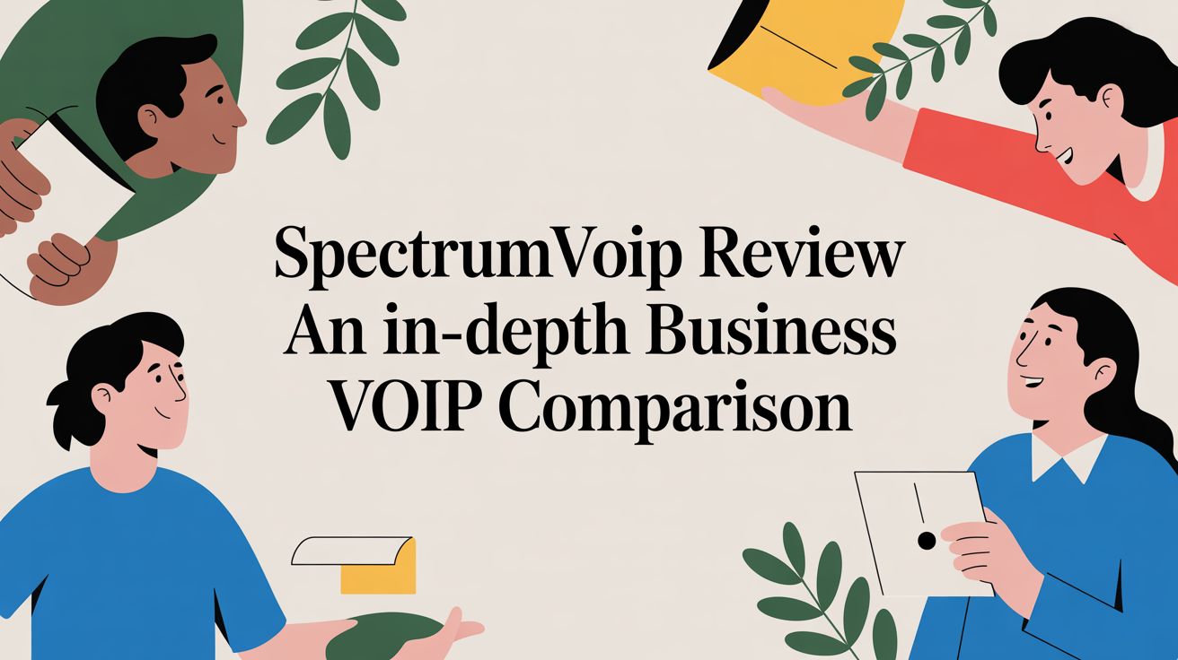 Four illustrated people surround the text “SpectrumVoip Review An in-depth Business VOIP Comparison,” holding items like a cup, document, and box, with green leaves decorating the edges.