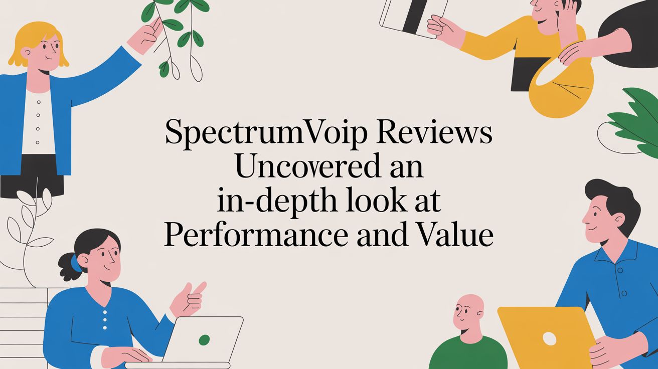 Illustrated people using laptops and tablets surround the text: SpectrumVoip Reviews Uncovered an in-depth look at Performance and Value on a light background with plant accents.