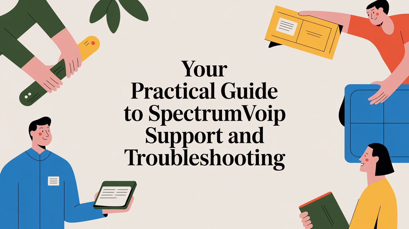 Illustration of four people holding tech devices and office items, surrounding the text: Your Practical Guide to SpectrumVoip Support and Troubleshooting.