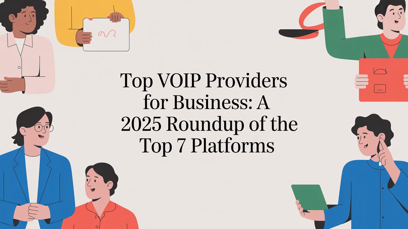 Illustration of five people around text that reads, “Top VOIP Providers for Business: A 2025 Roundup of the Top 7 Platforms,” with individuals holding digital devices and charts on a light background.