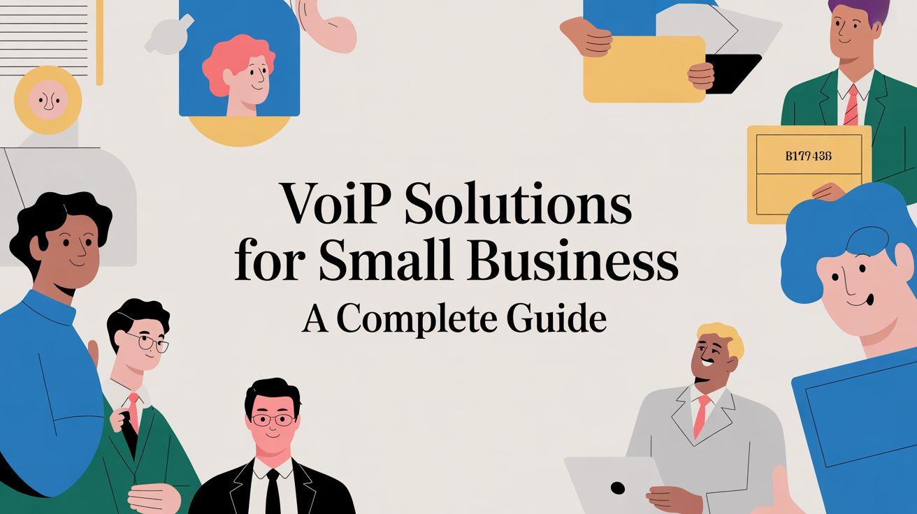Illustration of diverse business people working with documents, folders, and devices, surrounding the text: VoIP Solutions for Small Business - A Complete Guide on a light background.