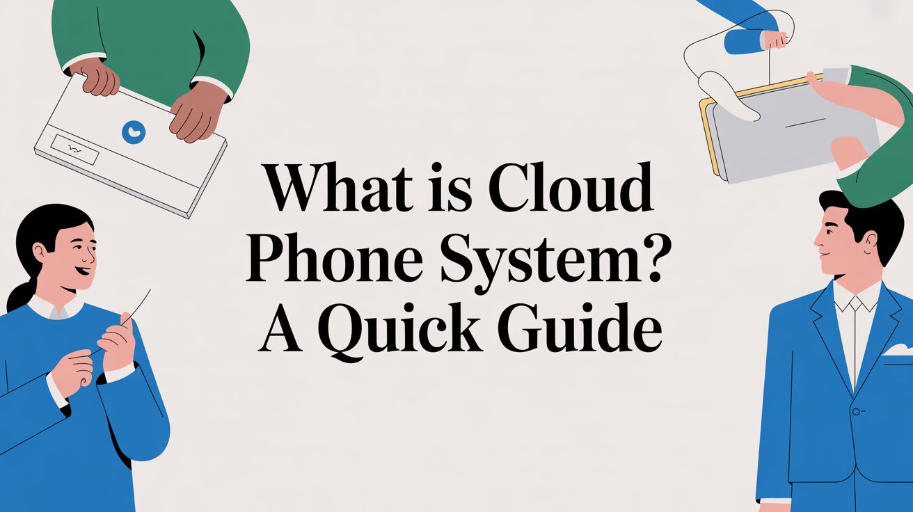 Illustration of four business people with laptops and notepads surrounding the text, What is Cloud Phone System? A Quick Guide, on a light background.