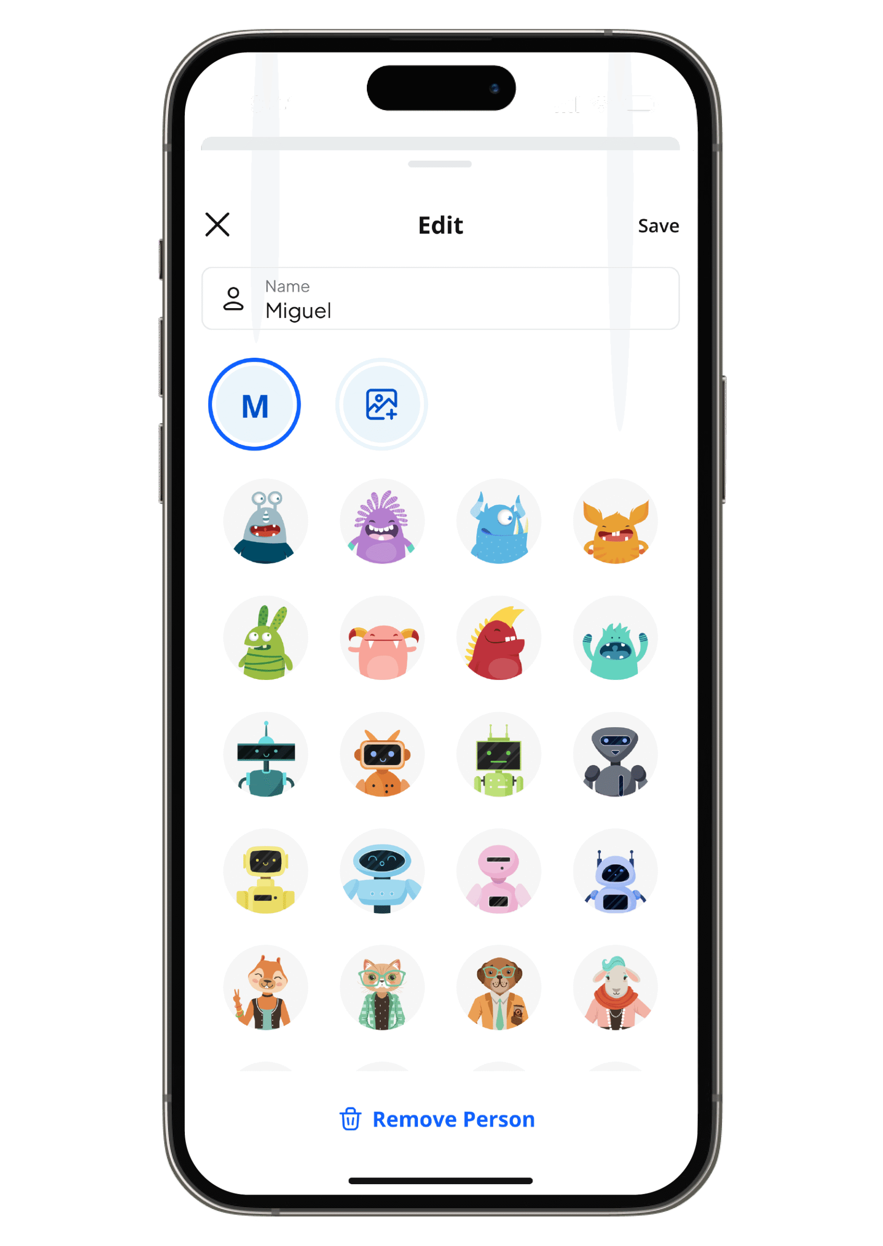 A smartphone screen shows a profile edit page with the name “Miguel” and 24 colorful cartoon avatar icons, including robots, monsters, and animals. The option to “Remove Person” is at the bottom.