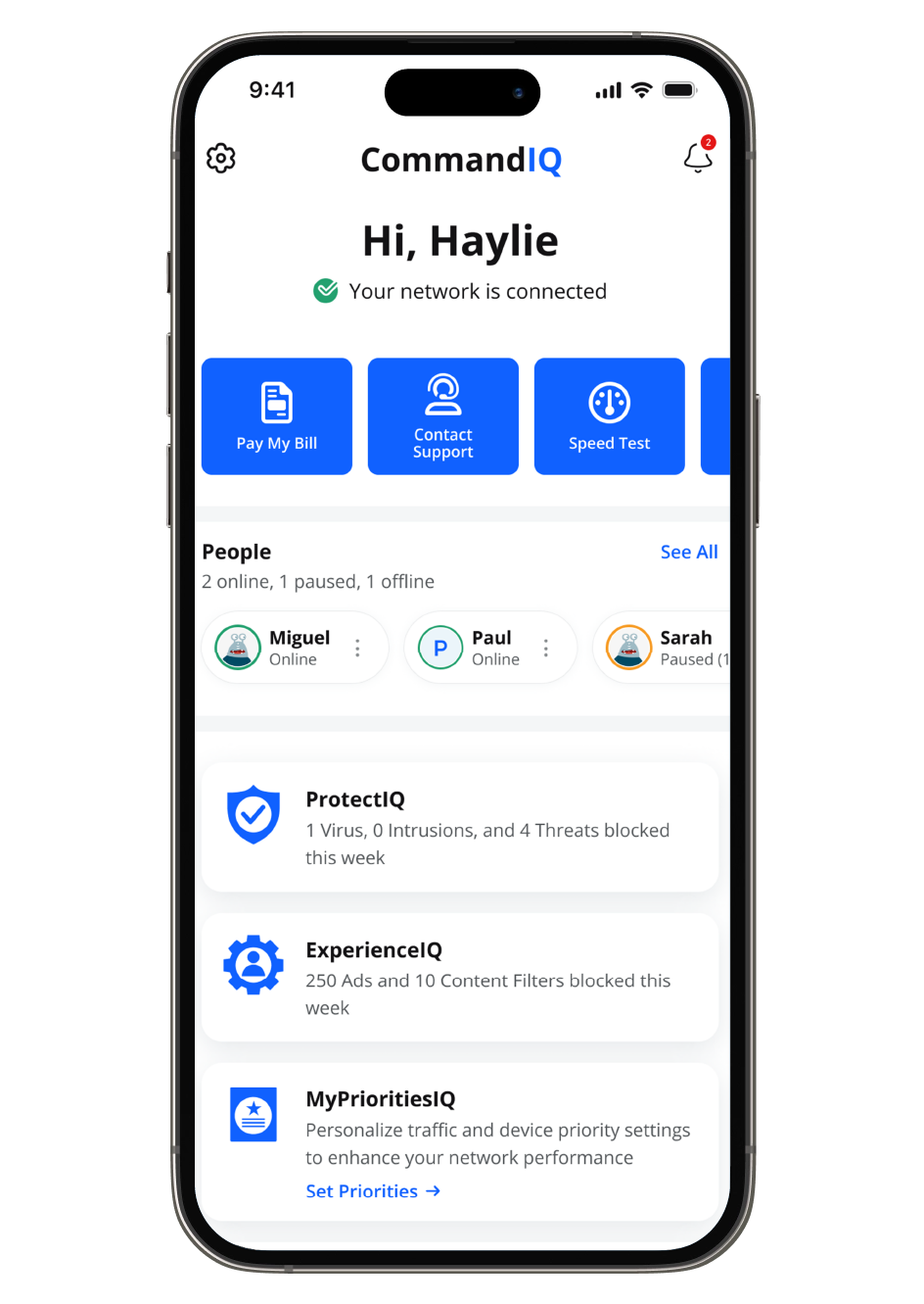 A smartphone displays the CommandIQ app dashboard, greeting user Haylie. It shows network status, options to pay bill, contact support, run a speed test, lists connected users, and highlights network security features.